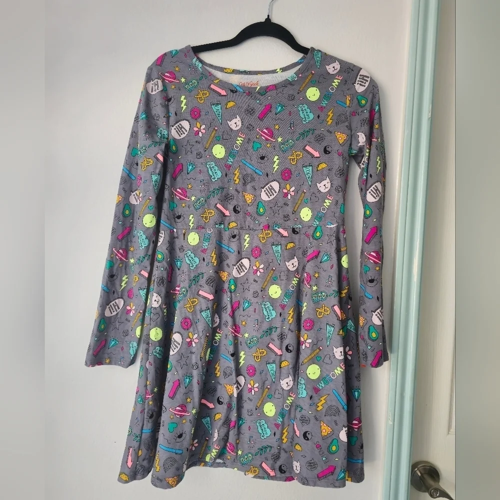 Cat And Jack Girls Skater Dress Cartoon Doodle Print Cotton Knit  XL (14/16)